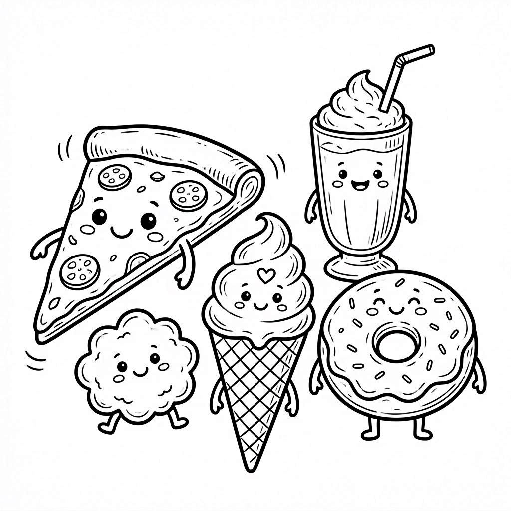 Cartoon snacks with ice cream and milkshake Coloring Page